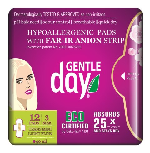 PODPASKI HIGIENICZNE MINI Z PASKIEM ANIONOWYM (TEENS) 12 szt. - GENTLE DAY PODPASKI HIGIENICZNE MINI Z PASKIEM ANIONOWYM (TEENS) 12 szt. - GENTLE DAY