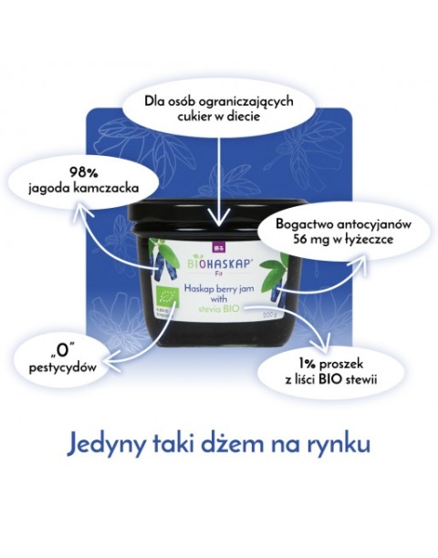 Dżem z jagody kamczackiej z BIO stewią, BIOHASKAP FIT, 200g, bez dodatku cukru czy soku jabłkowego Dżem z jagody kamczackiej z BIO stewią, BIOHASKAP FIT, 200g, bez dodatku cukru czy soku jabłkowego