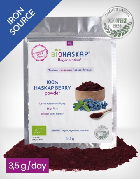 Proszek koncentrat BIO jagody kamczackiej BIOHASKAP Regeneration+, 50g, źródło antocyjanów i żelaza Proszek koncentrat BIO jagody kamczackiej BIOHASKAP Regeneration+, 50g, źródło antocyjanów i żelaza