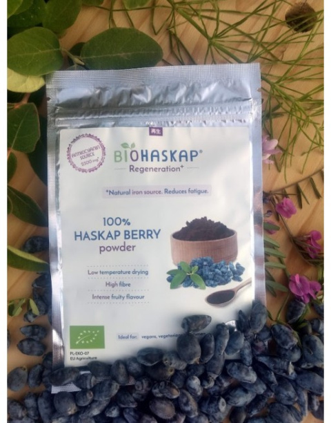 Proszek koncentrat BIO jagody kamczackiej BIOHASKAP Regeneration+, 50g, źródło antocyjanów i żelaza Proszek koncentrat BIO jagody kamczackiej BIOHASKAP Regeneration+, 50g, źródło antocyjanów i żelaza