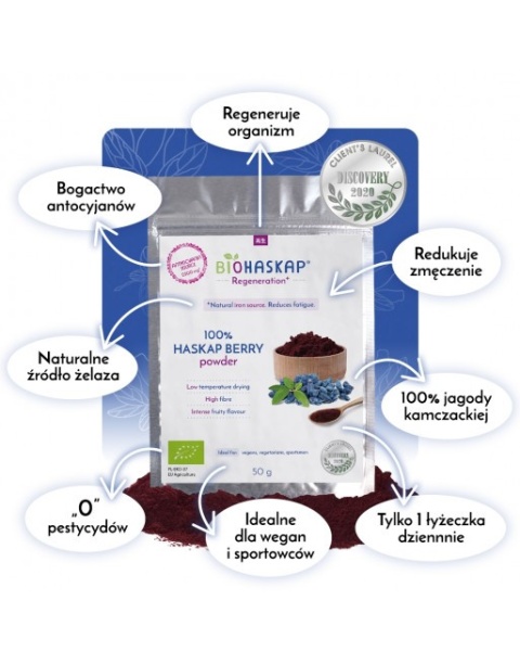 Proszek koncentrat BIO jagody kamczackiej BIOHASKAP Regeneration+, 50g, źródło antocyjanów i żelaza Proszek koncentrat BIO jagody kamczackiej BIOHASKAP Regeneration+, 50g, źródło antocyjanów i żelaza