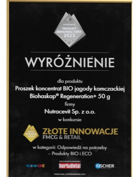 Proszek koncentrat BIO jagody kamczackiej BIOHASKAP Regeneration+, 50g, źródło antocyjanów i żelaza Proszek koncentrat BIO jagody kamczackiej BIOHASKAP Regeneration+, 50g, źródło antocyjanów i żelaza