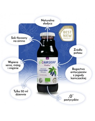 Sok BIO certyfikowany z jagody kamczackiej BIOHASKAP Vitality +. Źródło potasu. Best New Product BIOFACH 2019