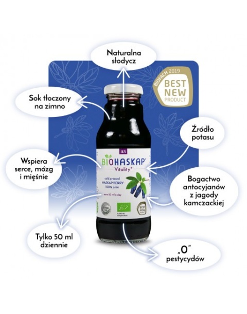 Sok BIO certyfikowany z jagody kamczackiej BIOHASKAP Vitality +. Źródło potasu. Best New Product BIOFACH 2019 Sok BIO certyfikowany z jagody kamczackiej BIOHASKAP Vitality +. Źródło potasu. Best New Product BIOFACH 2019