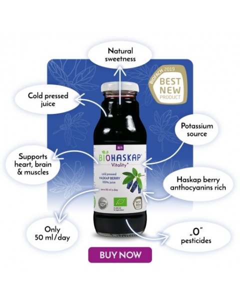 Sok BIO certyfikowany z jagody kamczackiej BIOHASKAP Vitality +. Źródło potasu. Best New Product BIOFACH 2019 Sok BIO certyfikowany z jagody kamczackiej BIOHASKAP Vitality +. Źródło potasu. Best New Product BIOFACH 2019