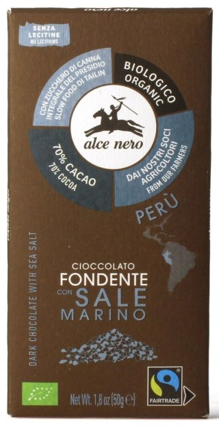 CZEKOLADA GORZKA Z SOLĄ MORSKĄ BEZGLUTENOWA FAIR TRADE BIO 50 g - ALCE NERO