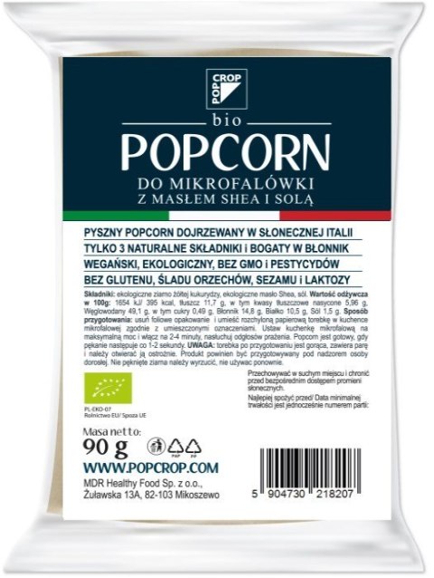 POPCORN Z ŻÓŁTEJ KUKURYDZY Z SHEA I SOLĄ DO PRZYGOTOWANIA W MIKROFALÓWCE BEZGLUTENOWY BIO 90 g - POPCROP