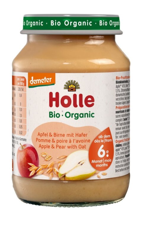JABŁKO - GRUSZKA Z OWSEM BEZ DODATKU CUKRÓW OD 6 MIESIĄCA DEMETER BIO 190 g (SŁOIK) - HOLLE