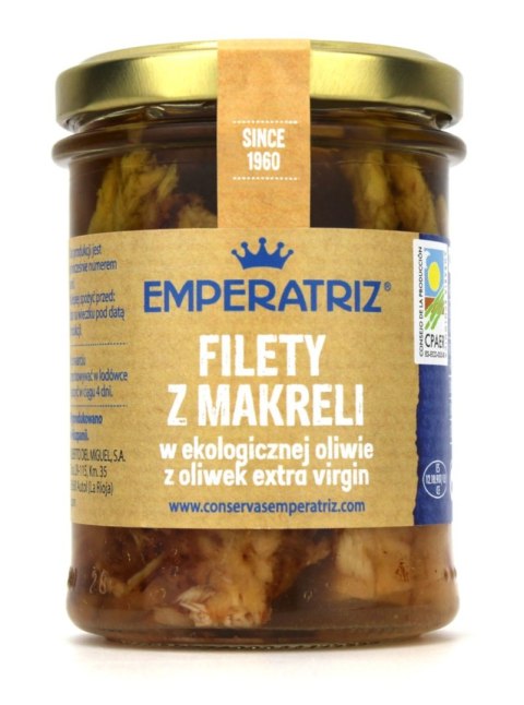MAKRELA FILETY W BIO OLIWIE Z OLIWEK EXTRA VIRGIN 180 g (120 g) (SŁOIK) - EMPERATRIZ